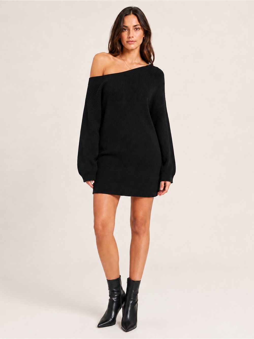 Lush Black Off-the-Shoulder Ribbed Classic Sweater Dress